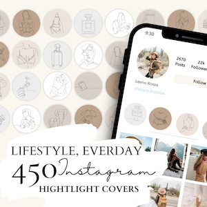 Puede incluir: Una colección de 450 cubiertas de destacados de Instagram con diseños minimalistas de arte lineal en beige y blanco. Las cubiertas incluyen ilustraciones de una mujer, una maleta, un frasco de perfume, una taza de café, una palmera, una sombrilla de playa y más. El texto "LIFESTYLE, EVERDAY 450 Instagram HIGHTLIGHT COVERS" se muestra en la parte inferior de la imagen.