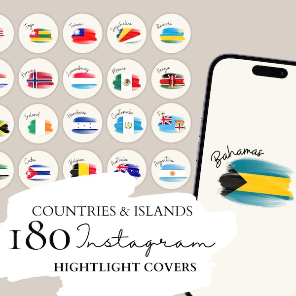 Instagram Travel Highlight Cover | 180 Länder und Inseln Flaggen auf einem neutralen Hintergrund für Instagram Stories