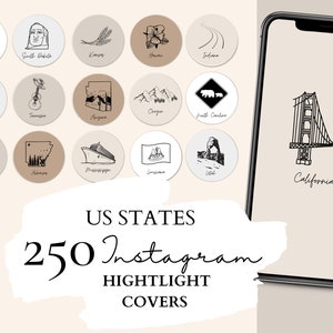 US Staaten Instagram Highlight Cover | 50 amerikanische Staaten Illustrationen auf 5 neutralen Hintergründen