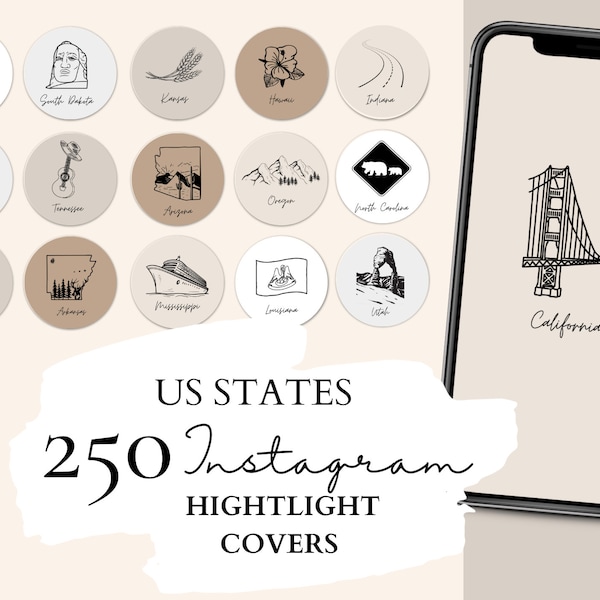 US States Instagram Highlight Cover | 50 American States Illustrations on 5 Neutral Backgrounds