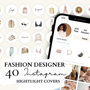 Può includere: Un set di 40 copertine per highlight di Instagram con illustrazioni di articoli legati alla moda, come abbigliamento, scarpe, accessori e trucco. Le copertine sono progettate in uno stile minimalista con uno sfondo bianco e contorni neri. Il testo "FASHION DESIGNER - 40 Instagram HIGHTLIGHT COVERS" è visualizzato nella parte inferiore dell'immagine.
