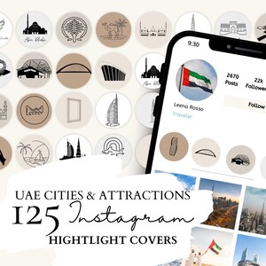May include: A smartphone displays an Instagram profile with a UAE flag and the text "UAE Cities & Attractions." The image showcases 125 Instagram highlight covers featuring line drawings of landmarks and attractions in the United Arab Emirates, in a neutral color palette.