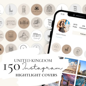 Instagram Vereinigtes Königreich Highlight Covers | 30 britische Städte & Denkmäler auf 5 neutralen Hintergründen für Instagram Stories