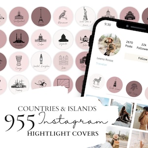 Travel Instagram Highlight Cover | 191 Countries and Islands Illustrations on 5 Pink Backgrounds for Instagram Stories