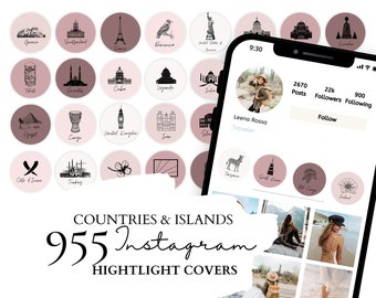 Reise Instagram Highlight Cover | 191 Länder und Inseln Illustrationen auf 5 rosa Hintergründen für Instagram Stories