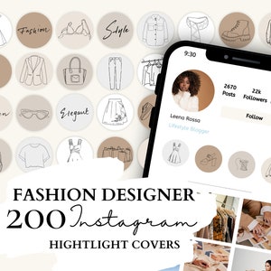 ファッションデザイナーの Instagram ハイライトカバー | Instagram ストーリー用の 5 つのニュートラルな背景に 40 のファッション、デザイナーのイラスト