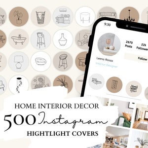 Home Interior Design Instagram Highlight Covers | 100 Home Interior, Decor Illustrations on 5 Neutral Backgrounds for Instagram Stories