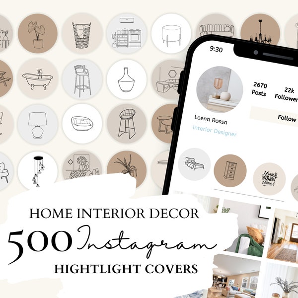 Couvertures de faits saillants Instagram de design d’intérieur pour la maison | 100 illustrations d’intérieur et de décoration sur 5 arrière-plans neutres pour les histoires Instagram