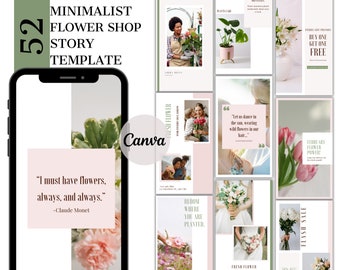 May include: A collection of 12 Instagram story templates for a flower shop. The templates feature a minimalist design with pink and green accents. The templates include quotes about flowers, images of flowers, and text about flower sales.