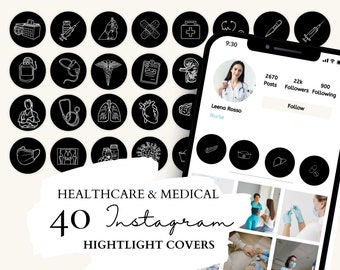 May include: 40 black and white Instagram highlight covers with medical and healthcare icons. Icons include a stethoscope, heart, lungs, pills, a syringe, a doctor, a hospital, a mask, and more.