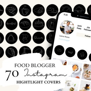 Food Blogger Instagram Highlight Covers,Foodie Icons | 70 Food White Illustrationen auf schwarzem Hintergrund für Instagram Stories