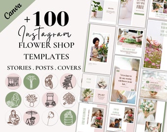 May include: A collection of 100 Instagram templates for flower shops. The templates feature a variety of designs, including floral arrangements, bouquets, and potted plants. The templates are perfect for promoting your flower shop on social media.