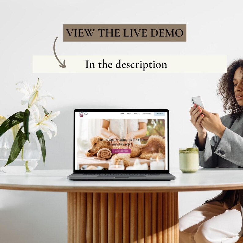 May include: A laptop computer displaying a website for a dog spa. The website features a photo of a poodle receiving a spa treatment. The text on the website reads "Luxury Spa Treatments for Your Pampered Pooch".