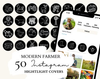 Modern Farm Instagram Highlight Covers , Farmer Icons | 50 Modern Farm White Illustrations Black Background for Instagram Stories