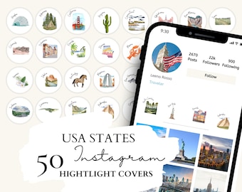 USA States Instagram Highlight Cover | 50 American States Watercolor Illustrations for Instagram Stories