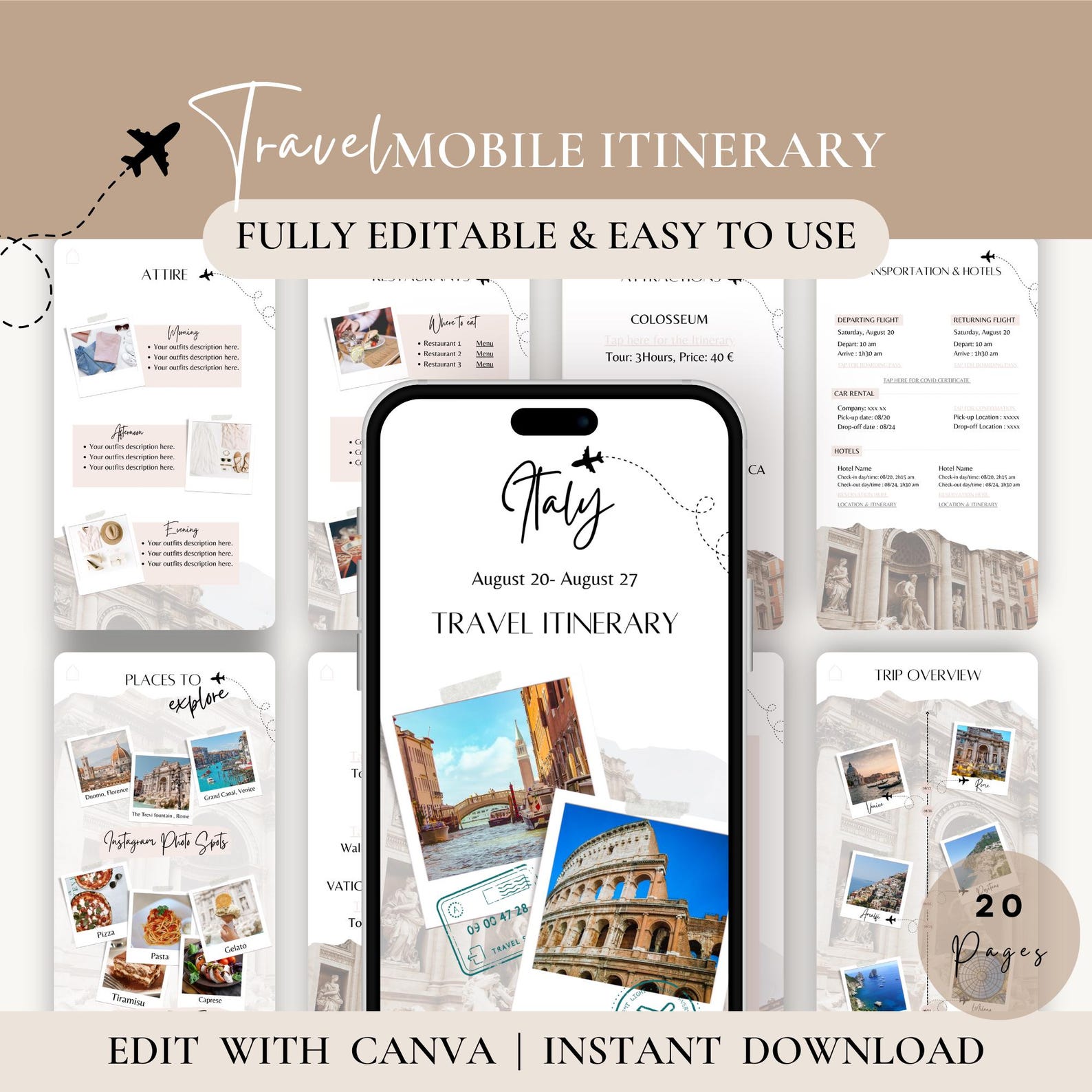 Travel Itinerary Template | Trip Itinerary Template | Travel Mobile ...