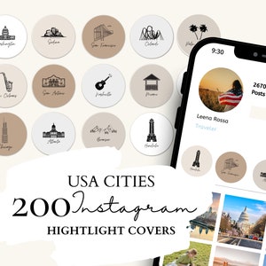 Travel Instagram Highlight Covers | 40 USA Cities Illustrations on 5 Neutral Backgrounds for Instagram Stories
