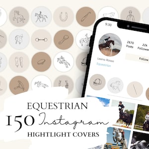 Pferdesport Instagram Highlight Covers, Reiter Icons | 30 Pferde Illustrationen auf 5 neutralen Hintergründen für Instagram Stories