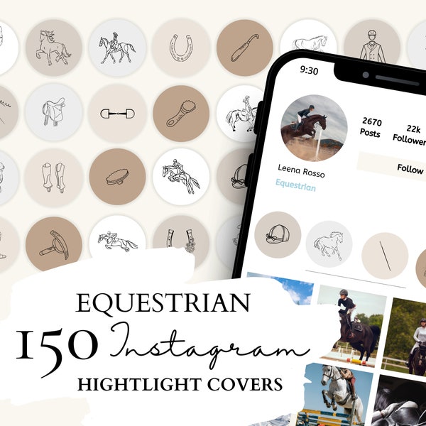 Equestrian Instagram Highlight Covers, Horseman Icons | 30 Equestrian Illustrations on 5 Neutral Backgrounds for Instagram Stories