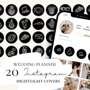 Hochzeit Instagram Highlight Covers I 20 Hochzeit weiße Illustrationen auf schwarzem Hintergrund für Instagram Stories