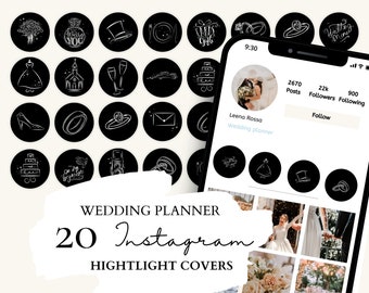 Hochzeit Instagram Highlight Covers I 20 Hochzeit weiße Illustrationen auf schwarzem Hintergrund für Instagram Stories