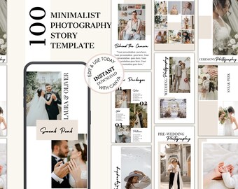 May include: A set of 100 minimalist wedding photography Instagram story templates for Canva. The templates feature a neutral beige background with black text and images of a bride and groom.