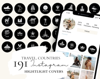 Reise Instagram Highlight Cover | 191 Länder und Inseln weiße Illustrationen auf schwarzem Hintergrund für Instagram Stories