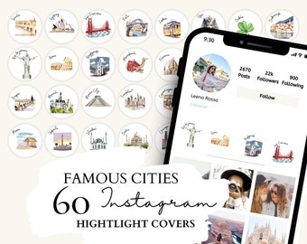 Travel Instagram Highlight Cover | 60 Top Visited Cities Wayercolor Illustrations for Instagram Stories