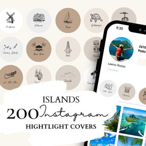 Copertina dei momenti salienti dei viaggi su Instagram / Illustrazioni di 40 isole su 5 sfondi neutri per le storie di Instagram