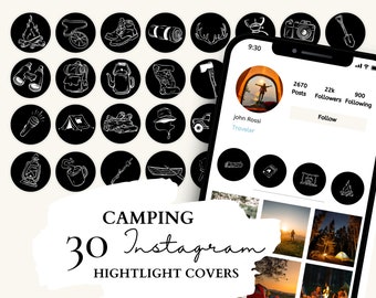 Camping Instagram Highlight Covers I Outdoor Adventure Icons | 30 Camping White Illustrations on Black Background for Instagram Stories