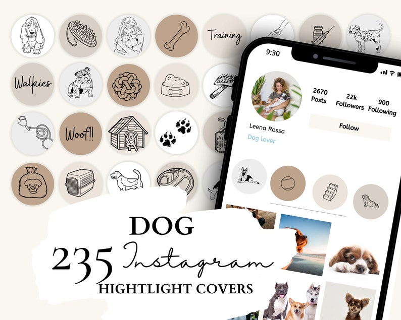 Hund Instagram Highlight Cover 47 Hunde Illustrationen auf 5 neutralen Hintergründen für Instagram Stories Bild 1