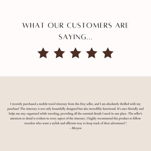 May include: Five star review with text about a mobile travel itinerary purchased from an Etsy seller. The review highlights the itinerary's beautiful design, functionality, user-friendliness, and attention to detail. The reviewer recommends the product to fellow travelers.