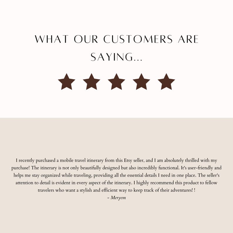 May include: Five star review with text about a mobile travel itinerary purchased from an Etsy seller. The review highlights the itinerary's beautiful design, functionality, user-friendliness, and attention to detail. The reviewer recommends the product to fellow travelers.