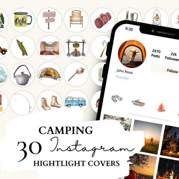 Camping Instagram Highlight Covers I Outdoor Adventure Icons | 30 Camping Watercolor Illustrations for Instagram Stories