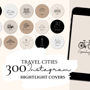 Travel Instagram Highlight Cover | 61 Top Visited Cities Illustrations on 5 Neutral Backgrounds
