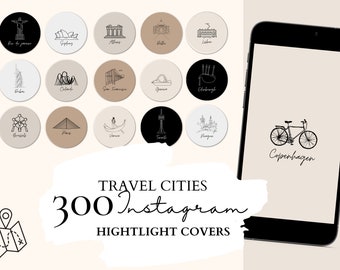 Travel Instagram Highlight Cover | 61 Top Visited Cities Illustrations on 5 Neutral Backgrounds