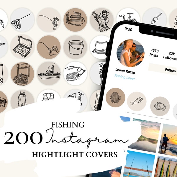 Fishing Instagram Highlight Cover | Fisherman Highlight Icons | 40 Fishing Illustrations on 5 Neutral Backgrounds for Instagram Stories