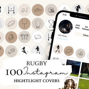 Rugby Instagram Highlight Covers | Rugby Player Icons | 20 Rugby Illustrations on 5 Neutral Backgrounds for Instagram Stories