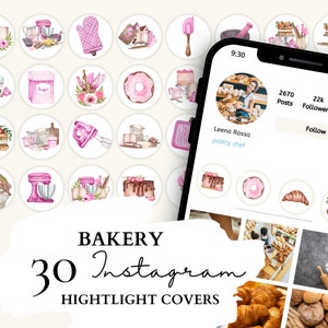 Baking Instagram Highlight Covers I Watercolor Pink Bakery Icons | 30 Watercolor Baking Watercolor Illustrations for Instagram Stories