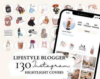 May include: A collection of 130 Instagram highlight covers featuring illustrations of various lifestyle themes, including fashion, beauty, travel, food, and home decor. The covers are designed in a modern and minimalist style with a focus on bright colors and bold graphics.