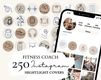 Fitness Instagram Highlight Cover | Fitness Coach Highlight Icons | 50 Fitness Illustrations on 5 Neutral Backgrounds for Instagram Stories