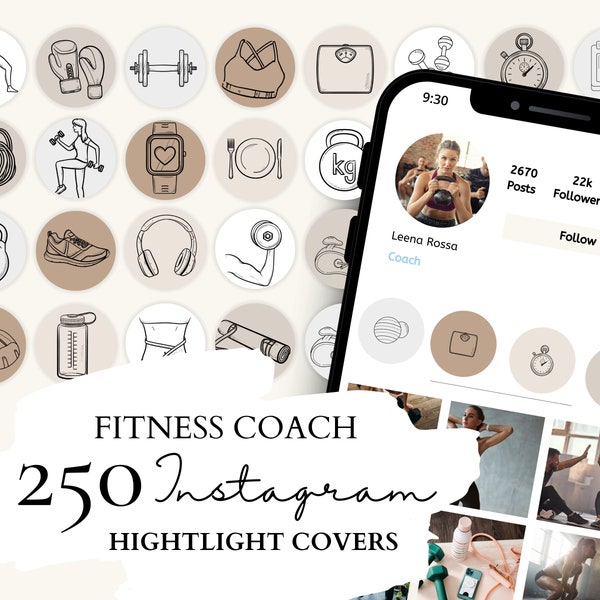 Fitness Instagram Highlight Cover | Fitness Coach Highlight Icons | 50 Fitness Illustrations on 5 Neutral Backgrounds for Instagram Stories