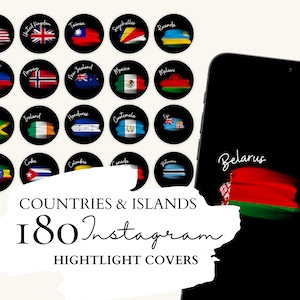 Puede incluir: Un conjunto de 18 cubiertas de resaltado de Instagram que presentan banderas de diferentes países e islas. Las cubiertas están diseñadas con un fondo negro y un efecto de pincelada blanca. El texto "COUNTRIES & ISLANDS 180 Instagram HIGHLIGHT COVERS" está escrito en blanco sobre un fondo negro.