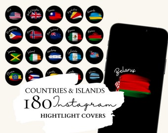 May include: A set of 18 Instagram highlight covers featuring flags of different countries and islands. The covers are designed with a black background and a white brushstroke effect. The text "COUNTRIES & ISLANDS 180 Instagram HIGHLIGHT COVERS" is written in white on a black background.