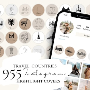 May include: A collection of 955 Instagram highlight covers featuring black and white illustrations of countries around the world. The covers are circular and have a beige background. The text "TRAVEL, COUNTRIES 955 Instagram HIGHLIGHT COVERS" is displayed at the bottom of the image.