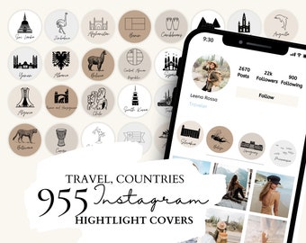 Travel Instagram Highlight Cover | 191 Countries and Islands Illustrations on 5 Neutral Backgrounds