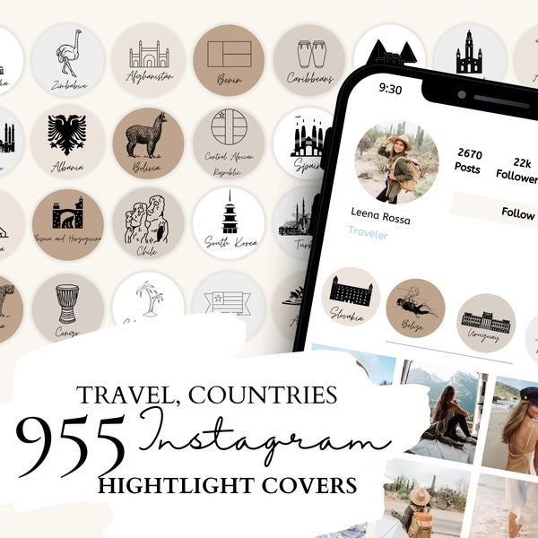 Reise Instagram Highlight Cover | 191 Länder und Inseln Illustrationen auf 5 neutralen Hintergründen