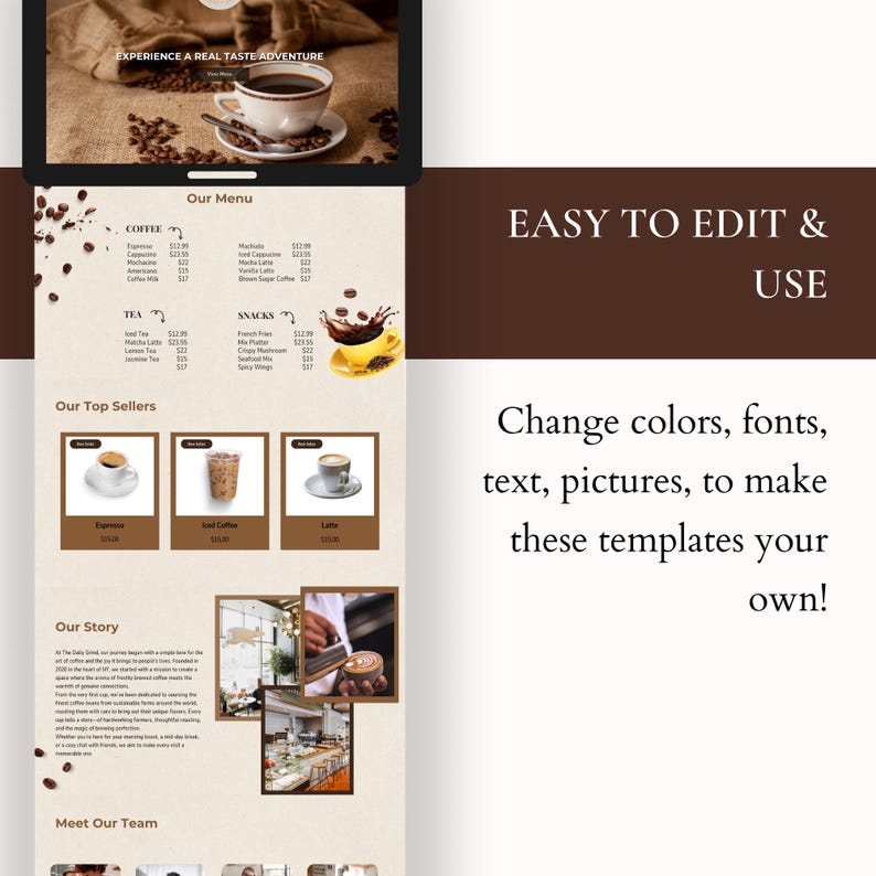 May include: A website mockup for a coffee shop with a brown and white color scheme. The website features a menu with coffee, tea, and snacks, as well as a section for top sellers and a story about the shop. The website also includes a call to action to meet the team.