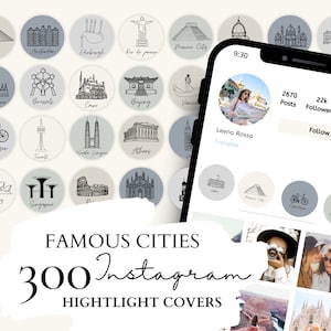 Copertina Instagram di viaggio in evidenza / Illustrazioni delle 61 città più visitate su 5 sfondi neutri