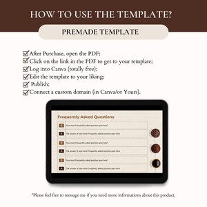 May include: A digital mockup of a laptop screen displaying a frequently asked questions template. The template is designed for a coffee shop or cafe and features a brown and white color scheme with coffee cup icons.
